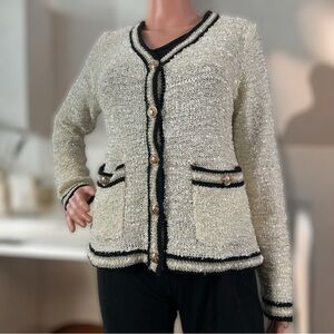 Sioni Cream & Black Metallic Gold Preppy Button Up Pocket Cardigan Size Medium